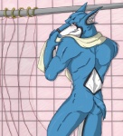 anthro biped black_body black_fur blue_body blue_fur blush brown_eyes butt casual_nudity fur looking_back male muscular muscular_anthro muscular_male nude rear_view shower shower_curtain solo standing tile tile_wall towel towel_around_neck wall_(structure) white_body white_fur thegreatmatsutzu power_rangers doggie_kruger canid canine canis domestic_dog mammal 2008