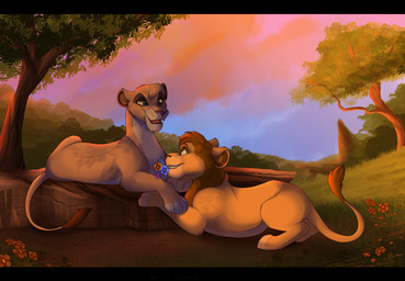 black_bars blue_eyes brown_eyes brown_hair day detailed_background duo female feral fur grass hair love lying male open_mouth outside paws plant romantic romantic_ambiance romantic_couple sky smile sunset tan_body tan_fur teeth tongue tree kitchiki disney the_lion_king fan_character vitani_(the_lion_king) felid lion mammal pantherine hi_res