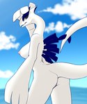 anthro blush breasts butt female generation_2_pokemon hi_res legendary_pokemon lugia nintendo nipples nude outside pokemon pokemon_(species) solo tail water white_body xan_(pixiv)