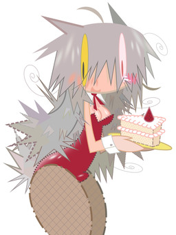 blush breasts bulge bunny_costume cake clothing costume dessert fishnet_clothing food grey_hair gynomorph hair heterochromia holding_cake holding_food holding_object horn intersex red_clothing solo vector_art lovelynezu animal_humanoid humanoid jackalope_humanoid lagomorph lagomorph_humanoid leporid_humanoid mammal mammal_humanoid rabbit_humanoid 3:4 absurd_res hi_res