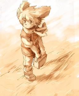 ambiguous_gender anthro biped bottomwear clothed clothing field footwear hair high-angle_view holding_object looking_at_viewer looking_up outside pants scarf shirt shoes short_hair solo standing topwear wind kesutofee canid canine canis domestic_dog mammal low_res monochrome sepia
