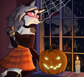 absolute_territory anthro autumn bare_shoulders black_clothing black_legwear black_thigh_highs bottomwear breasts candle cleavage clothed clothed_anthro clothed_female clothing coffee_cup collar container cup ear_piercing eyelashes female fur glowing glowing_eyes grey_body grey_fur grey_hair hair holding_coffee_cup holding_container holding_cup holding_object holidays inside jack-o'-lantern legwear long_hair looking_outside notched_ear orange_bottomwear orange_clothing orange_skirt piercing pupils raining red_sclera reflection shoulderless_shirt skirt slit_pupils smile solo spider_web tail thigh_highs white_body white_eyes white_fur starpaintart halloween hellaverse helluva_boss mythology loona_(helluva_boss) canid canid_demon canine demon hellhound mammal mythological_canine mythological_creature 2025 absurd_res hi_res