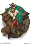 after_anal animal_genitalia animal_penis anthro balls big_balls big_penis biped blep blue_eyes blush bodily_fluids bottle brown_body brown_fur canine_genitalia canine_penis chin_piercing claws clothing container cum cum_in_ass cum_inside erection eyebrow_piercing facial_markings facial_piercing female fur genital_fluids genital_scar genitals gloves_(marking) grey_body grey_fur group group_sex hand_on_own_penis hand_on_penis hat head_markings headgear headwear holding_bottle holding_container holding_object horn huge_balls huge_penis knot larger_male lifting_partner male male/female markings mask_(marking) mmf_threesome neck_tuft penis piercing red_penis scar sex sitting size_difference smaller_female smile threesome toe_claws tongue tongue_out trio tuft vaginoplasty_scar white_body witch_hat witch_hat_only the_gentle_giant mythology hermia_idril canid canine kobold mammal mythological_canine mythological_creature scalie werecanid werecanine werecreature werewolf 2025 absurd_res digital_media_(artwork) hi_res trans_(lore) trans_woman_(lore)