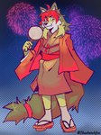 anthro asian_clothing clothed clothing east_asian_clothing fur hair japanese_clothing kimono male paper_fan solo yellow_body yellow_fur thesketchfox utau dodger_akame_(character) canid canine canis humanoid mammal wolf digital_media_(artwork) hi_res