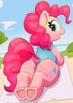 2024 absurd_res beach beach_towel blue_eyes blush butt clothed clothed_feral clothing cutie_mark day earth_pony equid equine eyelashes female feral friendship_is_magic hair hasbro hi_res hooves horse long_hair mammal my_little_pony one-piece_swimsuit open_mouth outside pabbley pink_body pink_hair pink_tail pinkie_pie_(mlp) pony quadruped solo swimwear tail teeth towel