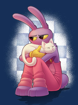 anthro clothed clothing duo fur holding_cat male overalls purple_body sad sitting smile whiskers white_body white_fur absolutedream glitch_productions the_amazing_digital_circus jax_(tadc) domestic_cat felid feline felis lagomorph leporid mammal rabbit 2026 absurd_res hi_res signature
