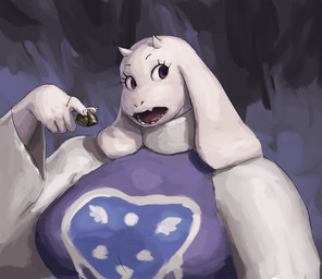 5_fingers anthro big_breasts breasts claws clothed clothing delta_rune_(emblem) eating fangs female finger_claws fingers flesh_fang floppy_ears food fur holding_food holding_object horn pawpads purple_eyes robe simple_background solo symbol teeth white_body white_fur redustheriotact undertale_(series) toriel ambient_snail boss_monster_(undertale) bovid caprine goat mammal 2026 absurd_res hi_res