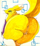 2023 anthro anus arm_tuft armwear artist_logo bandai_namco big_butt biped blue_eyes bodily_fluids bridal_gauntlets bridal_gauntlets_only butt canid canine clothed clothing digimon digimon_(species) dipstick_ears ear_markings female fox fur genital_fluids genitals hi_res innie_pussy kemono logo looking_at_viewer looking_back looking_back_at_viewer mammal mostly_nude multicolored_ears neck_tuft open_mouth presenting presenting_hindquarters purple_armwear purple_bridal_gauntlets purple_clothing pussy raised_tail rear_view renamon shoulder_tuft simple_background solo tail thick_thighs traditional_media_(artwork) tuft usssar12 vaginal_fluids white_body white_fur yellow_body yellow_fur