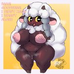 anthro anthrofied areola big_areola big_breasts big_butt blush bodily_fluids breasts butt dripping_pussy female fur genitals hooves horn huge_breasts huge_butt looking_at_viewer musk nipples nude open_mouth pink_areola puffy_areola puffy_nipples pussy short_stack simple_background slightly_chubby smile solo sweat sweatdrop text thick_thighs white_body white_fur wide_hips wool_(fur) smolreapy nintendo pokemon bovid caprine generation_8_pokemon mammal pokemon_(species) wooloo 1:1 absurd_res digital_media_(artwork) english_text hi_res