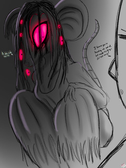 anthro big_ears black_hair clothing creepy crouching darkness duo female glowing glowing_eyes gown grey_background hair long_hair long_tail male multi_eye red_eyes simple_background tail talking_to_another talking_to_partner torn_clothing wide_eyed drow462 ruby_(word360) eldritch_abomination ghost human mammal murid murine rat rodent spirit 3:4 hi_res