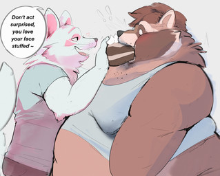 anthro back_fat back_rolls bedroom_eyes belly big_belly big_moobs blush cake dessert double_chin duo fat_arms fat_rolls feederism food food_in_mouth force_feeding forced heart_symbol huge_belly huge_moobs ill-fitting_clothing male male/male midriff moobs morbidly_obese morbidly_obese_male narrowed_eyes obese obese_male overweight overweight_male seductive side_view size_difference stuffing text weight_difference chunkyfunkys canid canine fox mammal procyonid raccoon english_text hi_res