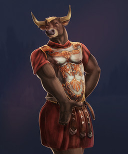 anthro armor blonde_hair brown_body brown_eyes brown_fur clothed clothing front_view fur grin hair looking_at_viewer male male_anthro narrowed_eyes short_hair simple_background smile solo standing satanic_monkey bovid bovine cattle mammal hi_res portrait three-quarter_portrait
