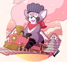 anthro feet feral male mountain plant sitting smoke soles solo train tree vehicle boui indigo_park rambley_raccoon mammal procyonid raccoon absurd_res hi_res