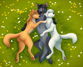 aroused big_butt black_hair blonde_hair blue_eyes blush blush_lines butt cuddling ear_piercing ear_ring eyelashes female feral field field_background flower fur grass grey_body grey_fur group hair lying male on_back piercing plant purple_eyes ring_piercing sandwiched smile thick_thighs trio white_body white_fur wide_hips yellow_body yellow_fur zacepka alpha_and_omega kate_(alpha_and_omega) lilly_(alpha_and_omega) shade_nocturne canid canine canis mammal wolf 2020 absurd_res hi_res