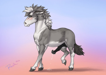 animal_genitalia animal_penis balls black_balls black_penis blush bodily_fluids brown_eyes cheek_tuft equine_genitalia equine_penis erection facial_tuft feral fur genital_fluids genitals gradient_background grey_body grey_fur grey_mane male male_feral mane mouth_closed narrowed_eyes penis precum precum_on_ground precum_squirt side_view simple_background solo tail tail_tuft tuft white_body white_fur white_mane rufciu flicker_(wasd65) asinus donkey equid equine mammal 2024 dated hi_res signature