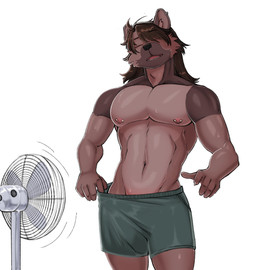 anthro bottomwear brown_body brown_fur brown_hair claws clothing ear_piercing ear_ring eyebrow_through_hair eyebrows eyes_closed fan_(object) finger_claws fur green_bottomwear green_clothing green_shorts hair head_tilt inner_ear_fluff male multicolored_body muscular muscular_male navel nipple_piercing nipples open_mouth piercing ring_piercing shorts solo standing translucent translucent_hair tuft two_tone_body waistband waistband_pull undercovernezha nezha_(undercovernezha) brown_hyena hyena mammal 2026 digital_drawing_(artwork) digital_media_(artwork) hi_res shaded