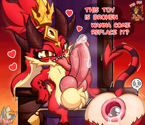 after_sex anus balls big_balls big_butt big_penis bodily_fluids butt chair duo fur furniture gaping gaping_anus genital_fluids genitals gold_crown horn huge_balls huge_penis knot knotted_penis looking_at_viewer male male/male penis precum red_body red_fur shortstack sitting speech_bubble tail text throne tongue tongue_out wet dusk_dome league_of_legends riot_games tencent devil_fizz devil_teemo_(lol) fizz_(lol) kennen_(lol) teemo_(lol) tristana_(lol) demon yordle absurd_res english_text hi_res