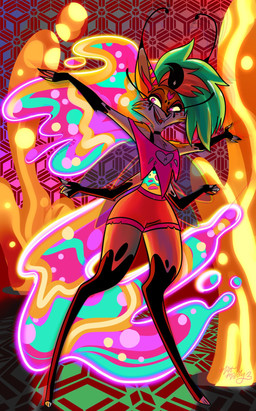 4_arms anthro bottomwear clothing female fire floor multi_arm multi_limb open_mouth pattern_background shorts simple_background solo topwear mistmistly hellaverse helluva_boss queen_bee-lzebub_(helluva_boss) arthropod canid canine demon fox hybrid insect mammal 2023 digital_media_(artwork) hi_res