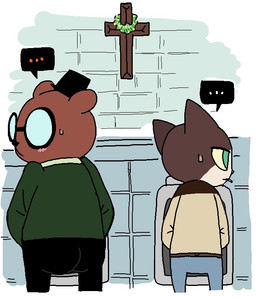 anthro bathroom bodily_fluids brown_body brown_fur cigarette clothed clothing cross duo eyewear fur glasses hat headgear headwear male public_restroom sweat toilet_use urinal night_in_the_woods angus_delaney danny_(nitw) bear domestic_cat felid feline felis mammal