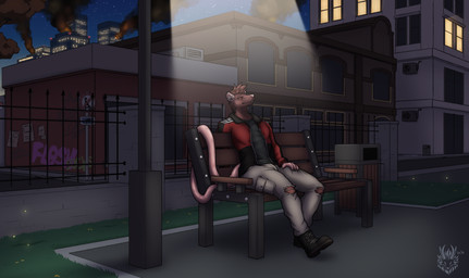 anthro bench black_boots black_clothing black_footwear black_shirt black_t-shirt black_topwear blue_sky boots brown_body brown_fur brown_hair building building_fire city claws clothed clothed_anthro clothing detailed_background ear_piercing fire footwear fur grass hair jacket logo long_tail looking_up male outside piercing pink_nose plant red_eyes shirt shoes short_hair sitting sky skyscraper smoke solo star starry_sky street street_lamp t-shirt tail teeth topwear trash_can wall_(structure) window wolfarion skif arthropod beetle elateroid firefly insect mammal murid murine rat rodent 2026 artist_logo colored dated hi_res shaded