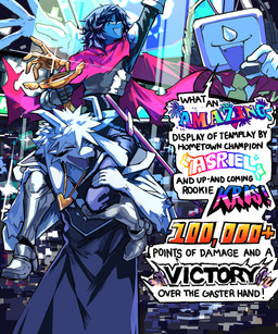 5_fingers ambiguous_gender anthro armor award blush clothing dialogue eyes_closed fingers floppy_ears for_a_head fur group hair horn jewelry long_ears male necklace necktie open_mouth robe speech_bubble standing suit teeth text trio trophy white_body white_fur heartbreak_juan deltarune undertale undertale_(series) asriel_dreemurr_(god_form) kris_(deltarune) tenna_(deltarune) boss_monster_(undertale) bovid caprine human mammal object_head english_text hi_res