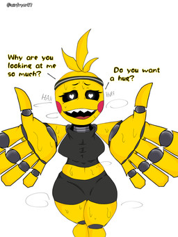 beakless bodily_fluids breath dialogue female hug machine panting sharp_teeth solo sweat sweaty_legs teeth text airfryer87 five_nights_at_freddy's five_nights_at_freddy's_2 scottgames toy_chica_(fnaf) animatronic avian bird chicken galliform phasianid robot 2023 3:4 absurd_res digital_media_(artwork) english_text hi_res