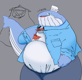 accessory ambiguous_gender anthro belly big_belly blue_clothing blue_hands blue_shirt blue_tail blue_topwear bottomwear cetacean_tail chef_hat clothing green_eyes grey_background grey_bottomwear grey_clothing grey_pants hat headgear headwear holding_tie necktie overweight overweight_anthro pants red_necktie shirt simple_background solo tail topwear mirumamu aquatic baleen_whale cetacean mammal whale 2026 hi_res