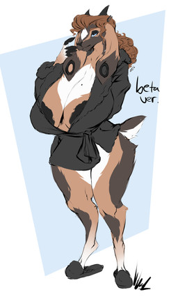 anthro areola areola_slip bathrobe bathroom big_breasts black_areola blue_body blue_scales breasts brown_body brown_fur brown_hair cleavage clothed clothing curved_horn digitigrade ear_piercing female floppy_ears fur gauged_ear hair half-closed_eyes horn huge_breasts inner_boob narrowed_eyes piercing robe sagging_breasts scales solo white_body white_fur dullvivid bovid caprine goat mammal hi_res