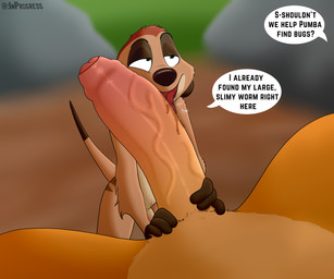 bodily_fluids dialogue drooling foreskin genitals interspecies licking male male/male nude oral penile penis penis_lick saliva sex size_difference text tongue inprogress disney the_lion_king simba_(the_lion_king) timon felid herpestid lion mammal meerkat pantherine 6:5 absurd_res english_text hi_res