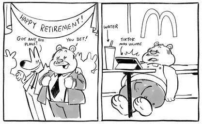 2_panel_comic anthro arm_around_shoulders barefoot clothing dialogue duo electronics erection erection_under_clothing facial_hair feet humor looking_at_object looking_at_phone male mature_male mustache phone retirement solo suit suspenders tenting text redic-nomad mcdonald's tiktok bear canid canine mammal comic english_text multiple_scenes