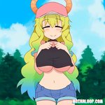 big_breasts blush bottomwear bouncing_breasts breasts clothing eyes_closed female hair hat headgear headwear horn long_hair multicolored_hair shorts smile solo text under_boob wide_hips moikaloop miss_kobayashi's_dragon_maid quetzalcoatl_(dragon_maid) horned_humanoid humanoid 1:1 2d_animation animated loop short_playtime url