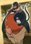 anthro balls belly big_belly bow_tie brown_body clothing erection genitals hat headgear headwear male overweight overweight_male penis red_nose solo mikeyex an_american_tail don_bluth honest_john mammal mouse murid murine rodent 2023 absurd_res hi_res