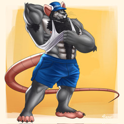 abs anthro areola armpit_hair barazoku beard biceps big_muscles biped black_hair blue_bottomwear blue_clothing blue_shorts body_hair bottomwear bulge chest_hair claws clothed clothed_anthro clothed_male clothing clothing_lift facial_hair feet fingers fist front_view fur grey_body grey_fur hair hand_behind_head happy_trail hat headgear headwear humanoid_feet long_tail looking_at_viewer male muscular muscular_anthro muscular_arms muscular_legs muscular_male nipples pecs plantigrade pose rat_tail seductive shirt shirt_lift shorts simple_background smile smirk solo standing tail tank_top text toe_claws toes topwear whistle_(object) white_clothing white_shirt white_tank_top white_topwear yellow_eyes tonhawk coach_mika mammal murid murine rat rodent 1:1 2021 artist_name colored full-length_portrait hi_res pinup portrait