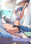 5_toes barefoot bed blue_hair bottomwear bra clothing detailed_background feet female fin furniture hair head_fin humanoid_feet light_body light_skin looking_at_viewer midriff on_bed one_eye_closed plantigrade red_eyes shark_tail short_hair shorts sitting soles solo sports_bra stretching toes underwear azuumori mako_(azuumori) animal_humanoid fish fish_humanoid humanoid marine marine_humanoid shark_humanoid absurd_res hi_res