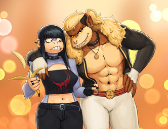 abs alternative_fashion anthro arm_around_shoulders banana bangs belt black_hair black_nails blonde_hair bottomwear brown_body brown_fur choker clenched_teeth clothed clothing collar colored_nails digit_ring duo ear_piercing ear_ring facial_piercing female finger_ring fingerless_gloves food fruit fur gloves goth grey_body grey_fur hair hand_on_hip handwear holding_food holding_object jacket jewelry legwear lip_piercing lip_ring long_hair looking_at_another male midriff muscular muscular_male nails navel necklace nose_piercing nose_ring pants piercing plant ponytail purple_eyes ring_piercing septum_piercing septum_ring sharp_teeth shirtless smile spiked_collar spikes standing studded_belt studs teeth tights toothy_grin topwear yellow_sclera redustheriotact beth_(redustheriotact) lorenzo_(jubjub) haplorhine mammal monkey primate 2022 hi_res