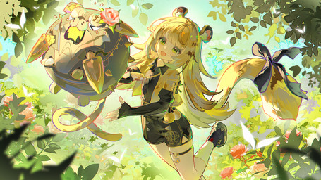 accessory animal_ears armwear black_clothing black_gloves black_handwear blonde_hair bottomwear bow_ribbon clothed clothed_female clothed_humanoid clothing duo elbow_gloves female fingerless_gloves footwear fully_clothed fully_clothed_female fully_clothed_humanoid furgonomics gloves hair handwear leaf light_body light_skin machine ribbons shirt shoes shorts tail tail_accessory tail_bow tail_ribbon topwear yellow_tail young young_female young_humanoid corene53774910 mihoyo zenless_zone_zero ju_fufu animal_humanoid felid felid_humanoid humanoid mammal mammal_humanoid pantherine pantherine_humanoid robot thiren tiger_humanoid 16:9 hi_res widescreen