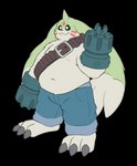 :3 ammo_belt anthro beady_eyes belly bottomwear claws clothing denim denim_bottomwear denim_clothing gun gun_arm horn jeans long_ears male navel overweight overweight_male pants ranged_weapon shirtless solo toe_claws weapon jacotomo bandai_namco digimon digimon_(species) gargomon alpha_channel hi_res