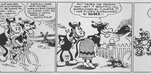 anthro bicycle bottomwear clothing dialogue eyes_closed female footwear gloves group gun handwear hat headgear headwear high_heels horn motion_lines open_mouth outside ranged_weapon running shoes skirt surprised tandem_bicycle teeth text tongue trio vehicle weapon floyd_gottfredson walt_disney_(artist) disney public_domain clarabelle_cow horace_horsecollar bovid bovine cattle equid equine horse mammal 1930 20th_century absurd_res ancient_art black_and_white comic english_text hi_res monochrome