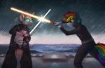 anthro blue_lightsaber duel duo fight holding_object horn lightsaber male melee_weapon orange_lightsaber weapon marsminer friendship_is_magic hasbro my_little_pony mythology star_wars cloudburst fan_character rainbow_heart_(character) arthropod changeling equid equine mammal mythological_creature mythological_equine unicorn 2017 crossover hi_res