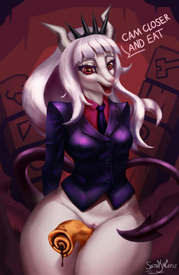 anthro clothed clothing female food fur genitals hair horn looking_at_viewer markings mole_(marking) mole_under_eye nude open_mouth pancake red_eyes simple_background smile solo spade_tail tail text thick_thighs vulva white_body white_fur white_hair sataantoris helltaker goat_lucifer_(helltaker) bovid caprine demon goat mammal absurd_res broken_language digital_media_(artwork) english_text hi_res