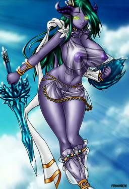 areola big_breasts breasts clothed clothing cosplay erect_nipples female genitals glowing glowing_eyes green_eyes green_hair hair horn humanoid_pointy_ears melee_weapon nipples not_furry pointy_ears purple_body purple_skin shield skimpy solo sword translucent translucent_clothing vulva weapon franarok bandai_namco blizzard_entertainment soul_calibur warcraft neira sophitia_alexandra draenei humanoid absurd_res crossover hi_res