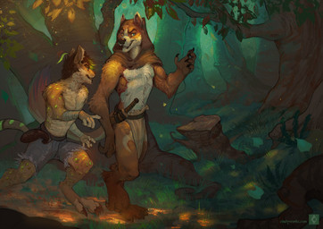 anthro arm_wraps barefoot bottomwear claws clothed clothing dagger detailed_background digitigrade duo fangs feet fingerpads forest fur gesture grass grin hand_gesture heterochromia hood loincloth male markings melee_weapon nipples pawpads plant pointing sharp_teeth shorts smile spots spotted_body spotted_fur teeth toe_claws topless tree walking weapon wraps amarian canid canine fox mammal