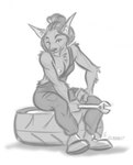 anthro breasts clothing coveralls female holding_object looking_at_viewer mechanic nipples overalls simple_background sitting solo tire tools white_background wrench nicnak044 star_wars alien bothan felid mammal hi_res monochrome signature sketch