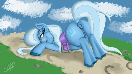 anus ass_up blue_body blue_fur blue_hair blue_hooves blue_tail butt clitoral_winking clitoris cutie_mark dock_(anatomy) equine_anus eyelashes female feral fur genitals hair hooves horn looking_at_viewer looking_back looking_back_at_viewer lying on_front one_eye_closed open_mouth open_smile presenting presenting_hindquarters puckered_anus puffy_anus purple_eyes saddle smile solo tail vulva wink icy_vinyl friendship_is_magic hasbro my_little_pony mythology trixie_(mlp) equid equine horse mammal mythological_creature mythological_equine pony unicorn 16:9 2021 4k absurd_res dated digital_drawing_(artwork) digital_media_(artwork) hi_res signature widescreen