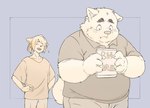 anthro belly blush bottomwear clothing duo eyes_closed humanoid_hands kemono male overweight overweight_male pants shirt size_difference text topwear inunoshippo canid canine canis domestic_dog mammal 2022 japanese_text