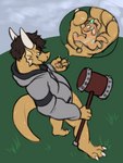 anthro bottomless brown_hair close-up clothed clothing duo flattened hair hammer holding_character hoodie looking_at_another looking_down male male/male maul micro outside tools topwear yellow_body fetishame aleph ves kobold scalie 3:4 hi_res