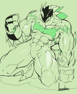 abs anthro armor bent_legs biceps big_muscles bulge claws clothing featureless_crotch fingerless_gloves fist gloves grin handwear headgear helmet horn horned_helmet kneeling male muscular muscular_anthro muscular_arms muscular_legs muscular_male muscular_thighs nude nude_anthro nude_male pecs raised_arm sharp_teeth smile solo spikes spikes_(anatomy) tail teeth vein veiny_muscles bowalia bandai_namco digimon bulkmon digimon_(species) scalie 2025 digital_drawing_(artwork) digital_media_(artwork) japanese_description sketch