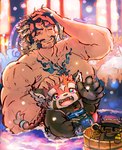 anthro bathing black_body camera detailed_background duo humanoid_hands kemono male muscular muscular_male overweight overweight_male red_body water young young_anthro buta5kawa lifewonders tokyo_afterschool_summoners daikoku_(tas) zhurong_(tas) ailurid mammal red_panda 2021 hi_res