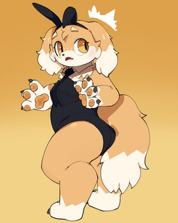 4_fingers anthro barefoot biped black_necktie blush blush_lines brown_claws bunny_costume butt cheek_tuft claws clothed clothing costume cute_fangs dipstick_ears dipstick_tail ear_markings emanata facial_tuft fake_ears fake_rabbit_ears fangs feet female female_anthro fingerpads fingers floppy_ears fluffy fluffy_ears fluffy_tail fully_clothed fur gloves_(marking) kemono leg_markings looking_at_viewer markings multicolored_body multicolored_ears multicolored_fur multicolored_tail neck_tuft necktie orange_background orange_pawpads pawpads pupils shirt_collar side_view simple_background socks_(marking) solo standing tail tail_markings tan_body tan_ears tan_fur tan_tail teeth thick_thighs toe_claws tuft two_tone_body two_tone_ears two_tone_fur two_tone_tail white_body white_ear_tips white_ears white_fur white_tail white_tail_tip yellow_eyes abyss_creature_(artist) canid canine canis domestic_dog mammal 2026 absurd_res colored digital_media_(artwork) full-length_portrait hi_res portrait shaded simple_shading