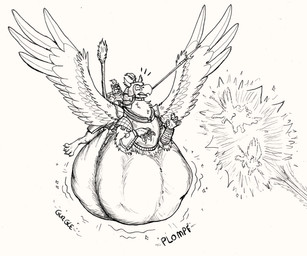 anthro anthro_prey armor beak belly big_belly breastplate feral feral_pred feral_prey flying fully_inside group headgear helmet huge_belly hyper hyper_belly ill male melee_weapon onomatopoeia polearm riding_on_back sound_effects spear surprised teleportation teleportation_vore text unwilling_pred vore weapon wings thatgryphonguy mythology avian canid canine fox gryphon mammal mythological_avian mythological_creature black_and_white monochrome story story_in_description